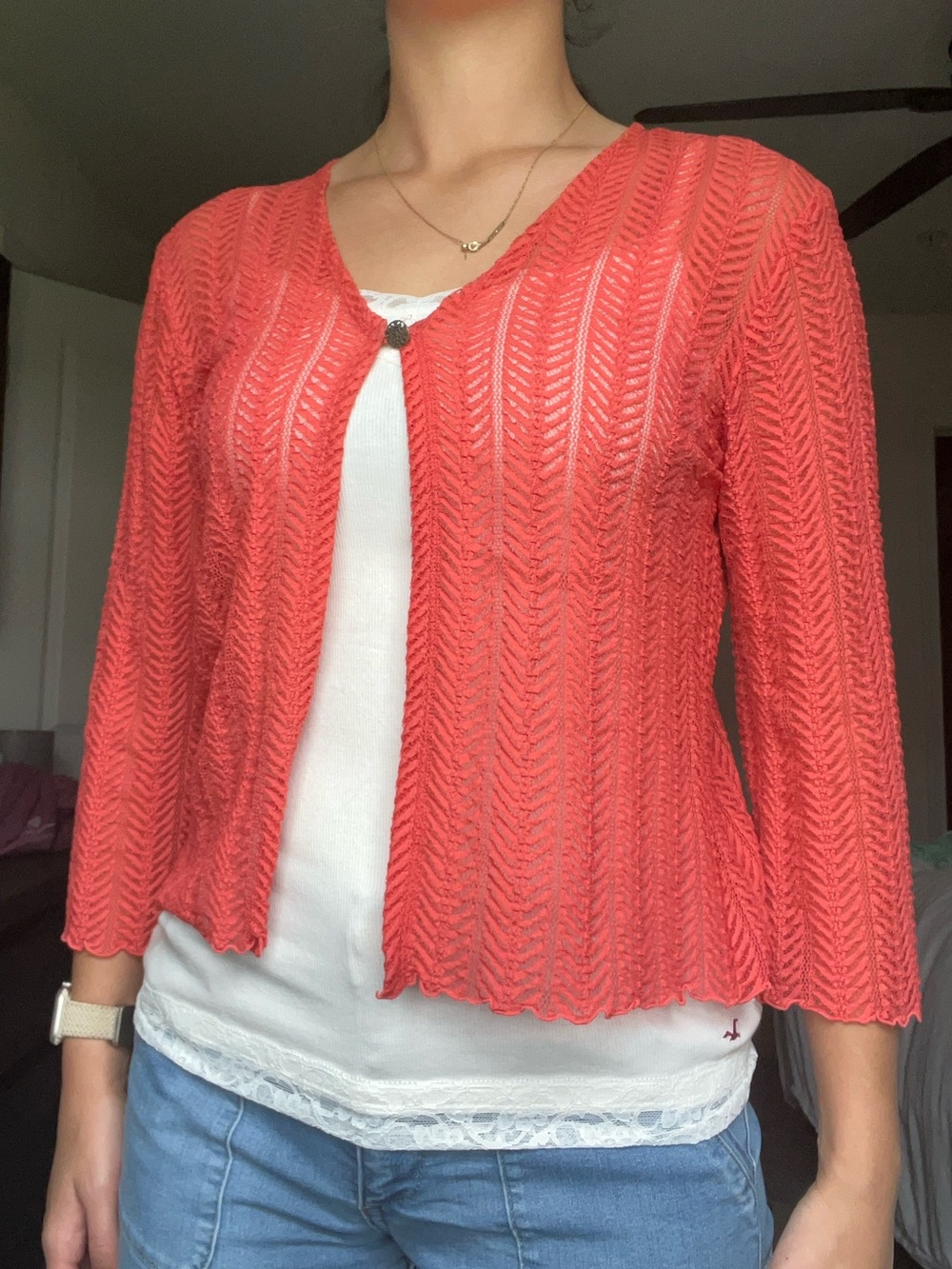 Coral Openwork Knit Cardigan - Women's